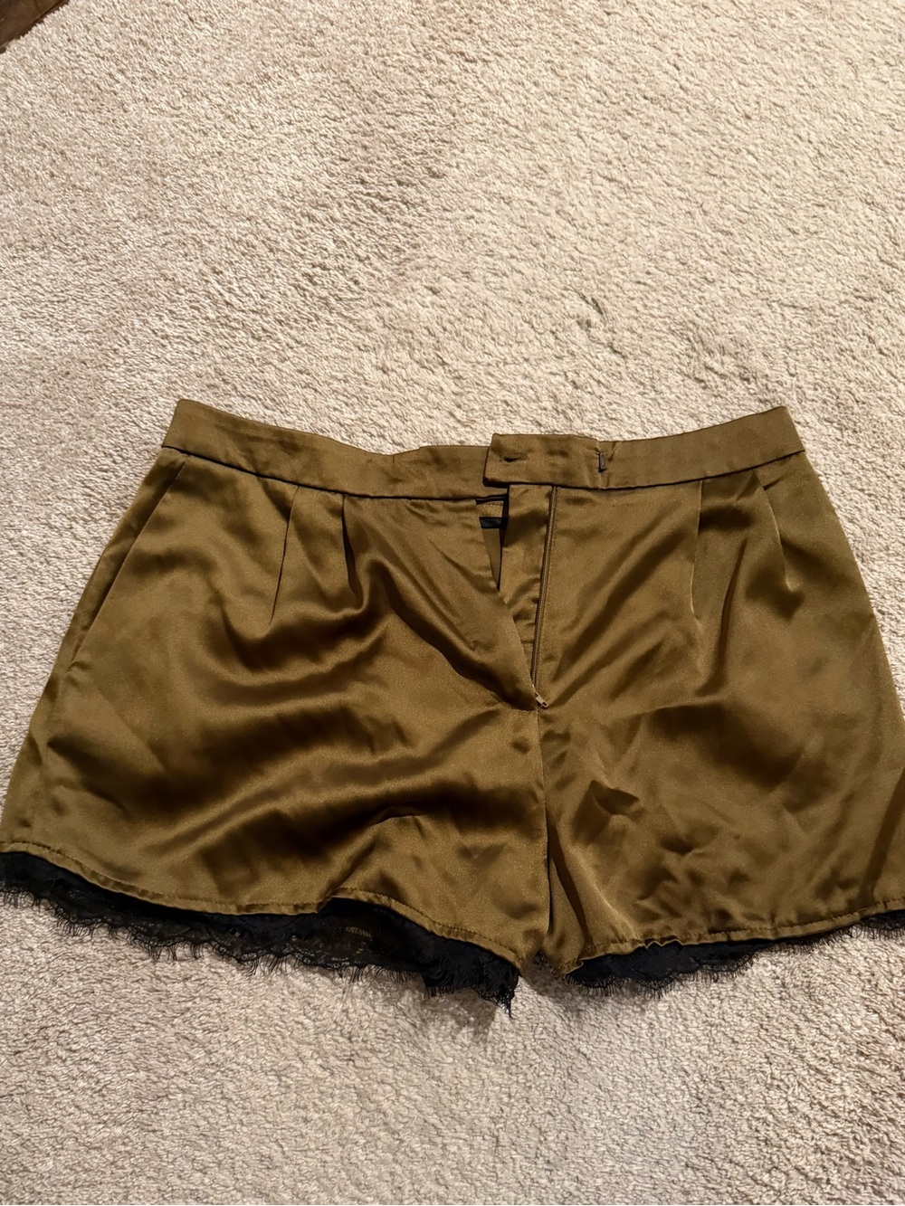 Zara size L Olive Satin-Look Lace Trim Women's Shorts